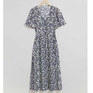& Other Stories Flutter-Sleeve Midi Dress in Navy/White Floral, US 10